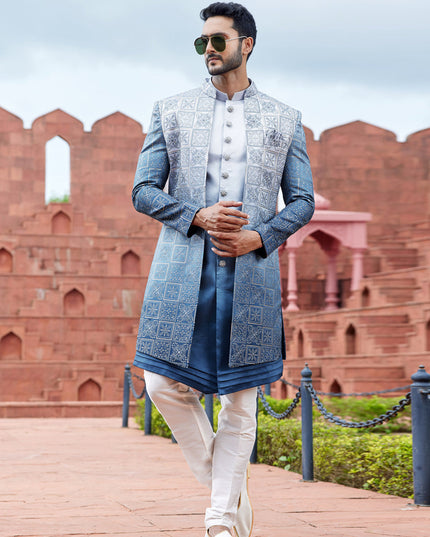 Navy Blue Computer Embroidered Indo Western Outfit