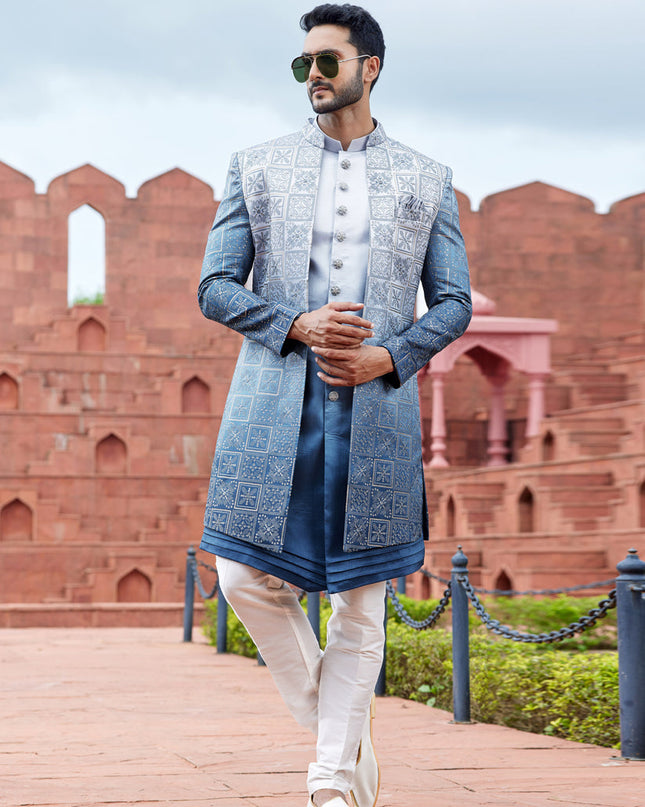 Navy Blue Computer Embroidered Indo Western Outfit