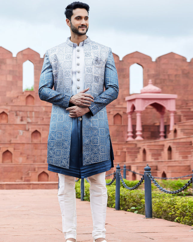 Navy Blue Computer Embroidered Indo Western Outfit