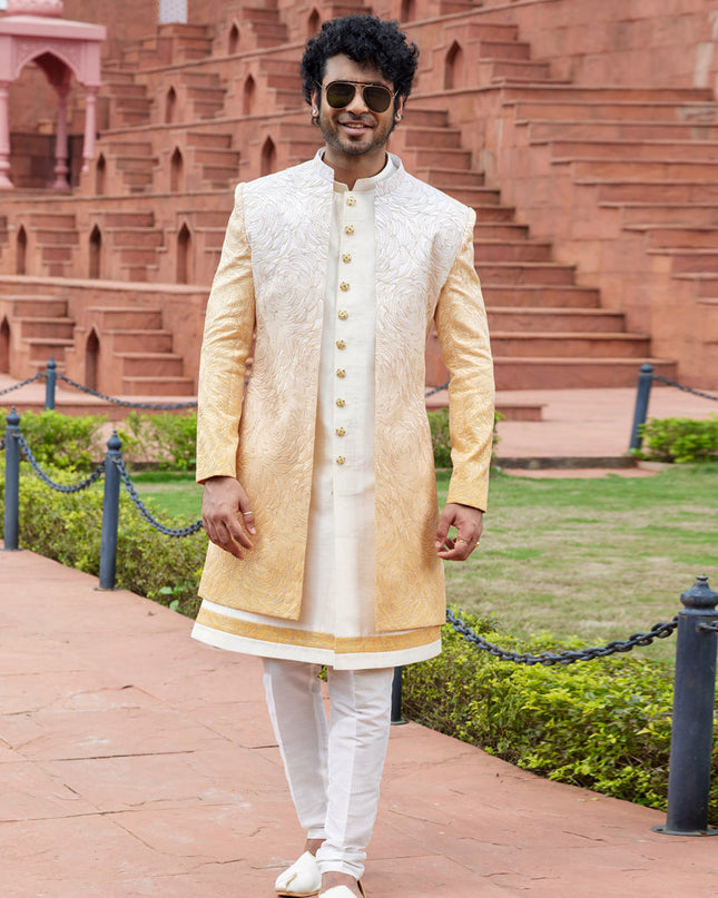 Yellow Computer Embroidered Indo Western Outfit