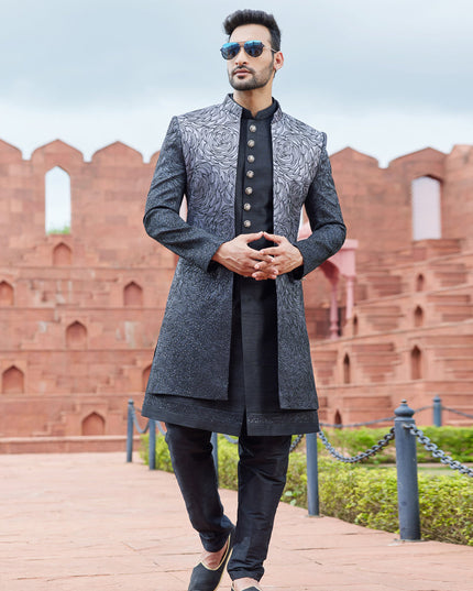 Charcoal Grey Computer Embroidered Indo Western Outfit