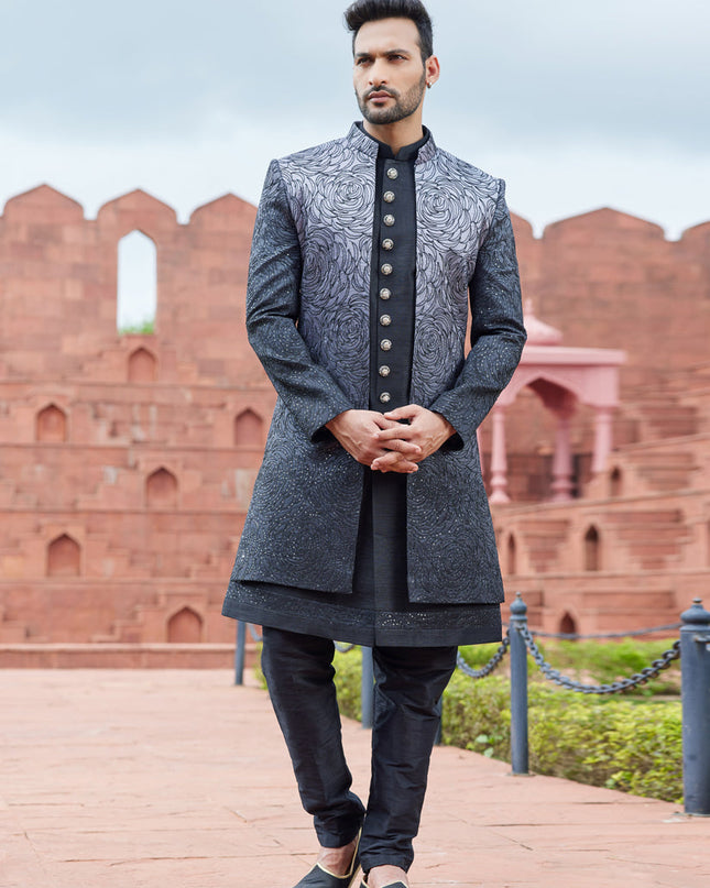 Charcoal Grey Computer Embroidered Indo Western Outfit