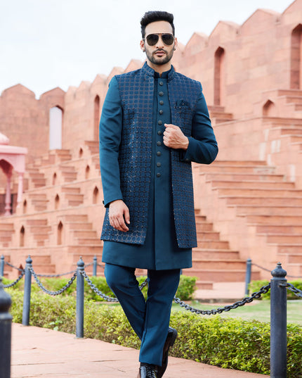 Teal Green Computer Embroidered Indo Western Outfit