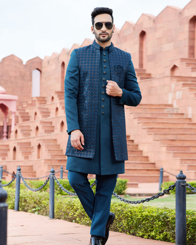 Teal Green Computer Embroidered Indo Western Outfit