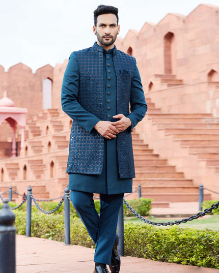 Teal Green Computer Embroidered Indo Western Outfit