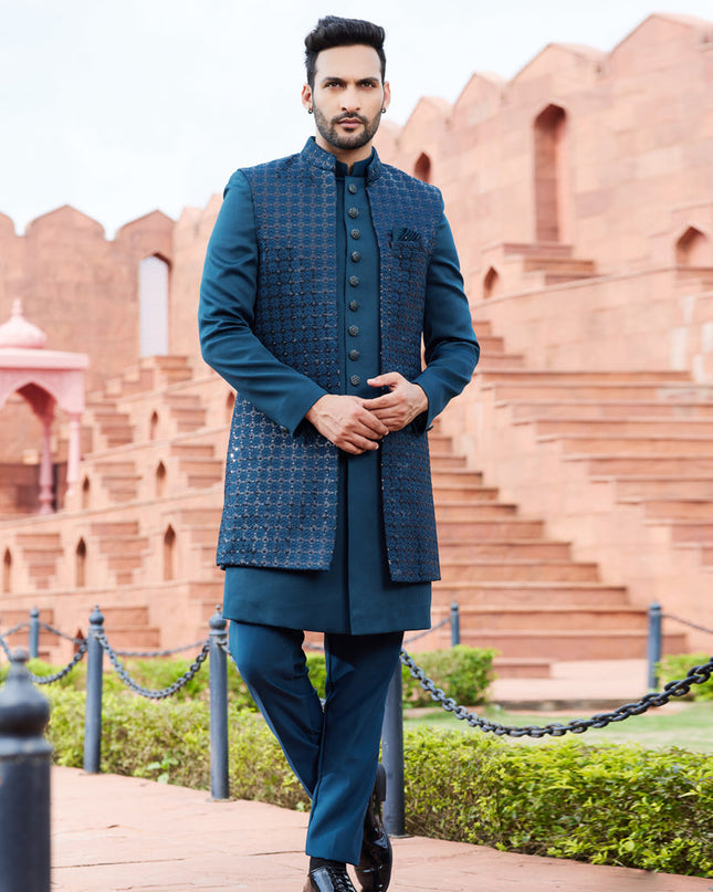 Teal Green Computer Embroidered Indo Western Outfit