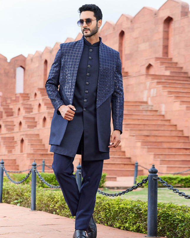 Navy Blue Computer Embroidered Indo Western Outfit