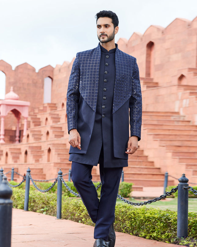 Navy Blue Computer Embroidered Indo Western Outfit