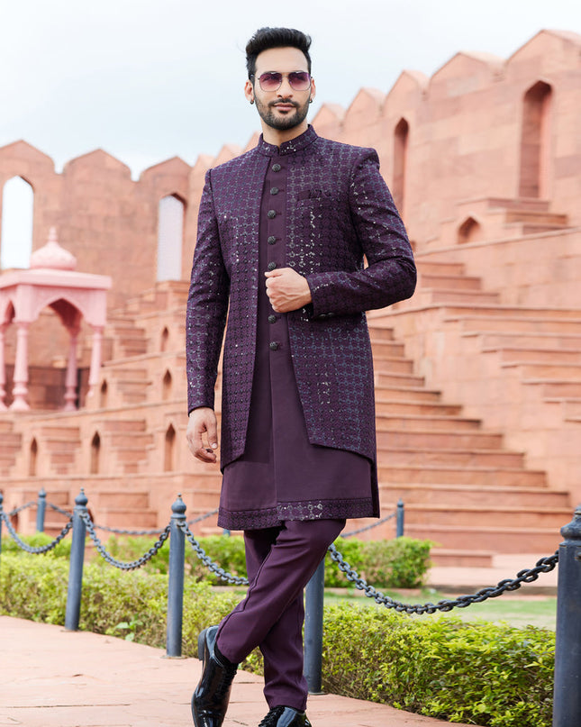 Wine Computer Embroidered Indo Western Outfit