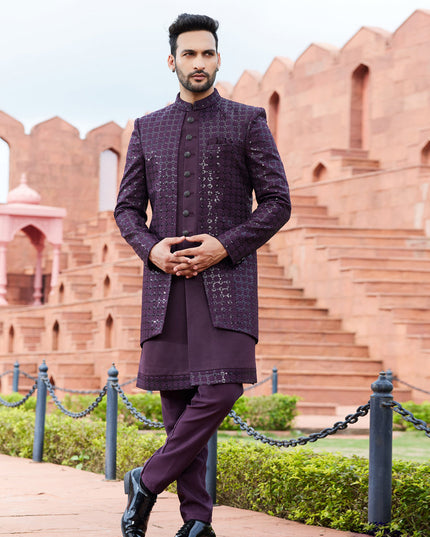 Wine Computer Embroidered Indo Western Outfit