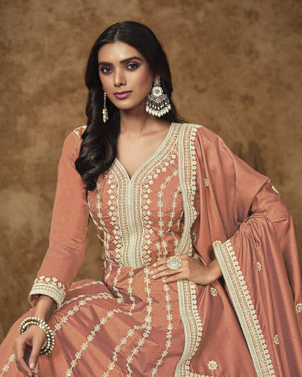 salmon orange dola silk embroidered gown with dupatta