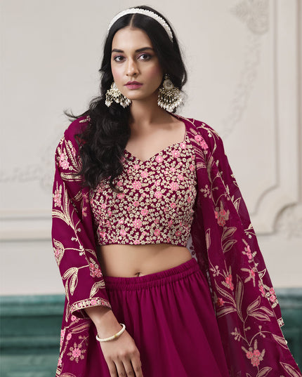 magenta faux georgette embroidered readymade indowestern