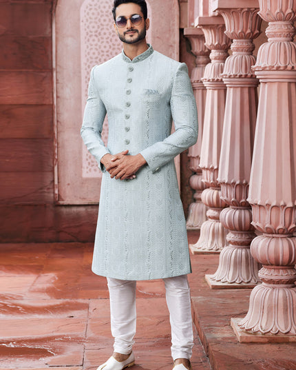 Mint Grey Art Silk Designer Sherwani