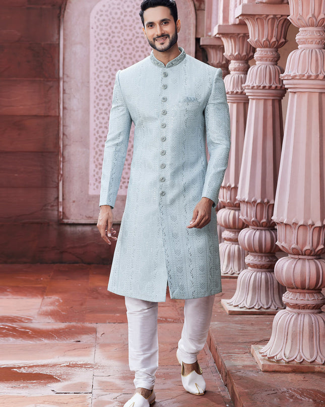 Mint Grey Art Silk Designer Sherwani
