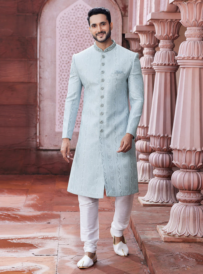 Mint Grey Art Silk Designer Sherwani