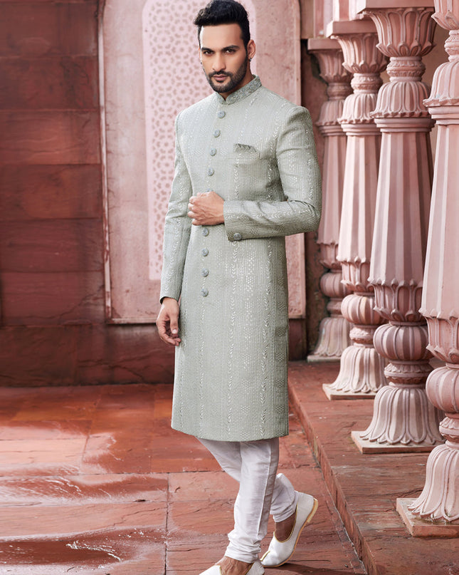 Grey Art Silk Designer Sherwani