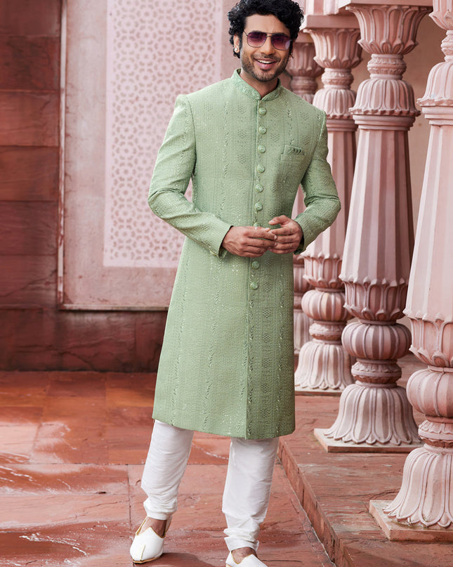 Pista Green Art Silk Designer Sherwani