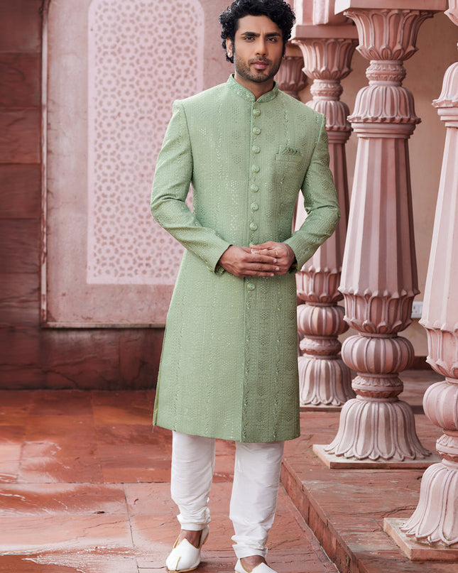Pista Green Art Silk Designer Sherwani
