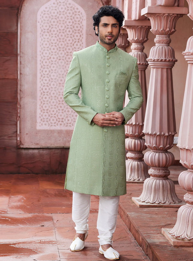 Pista Green Art Silk Designer Sherwani