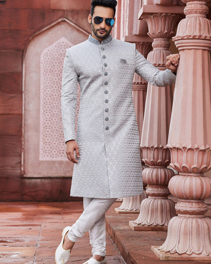Grey Art Silk Designer Sherwani