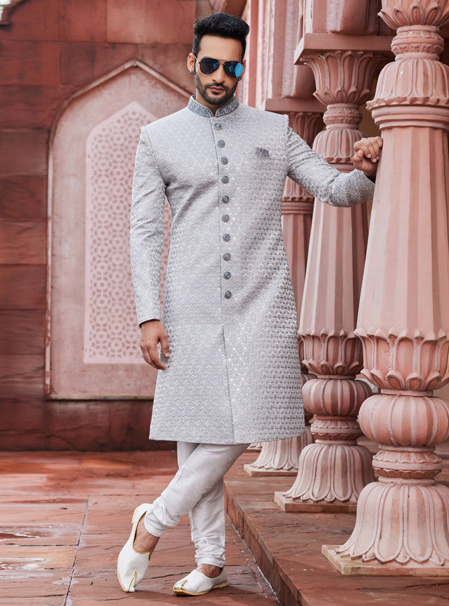Grey Art Silk Designer Sherwani