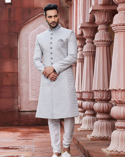 Grey Art Silk Designer Sherwani