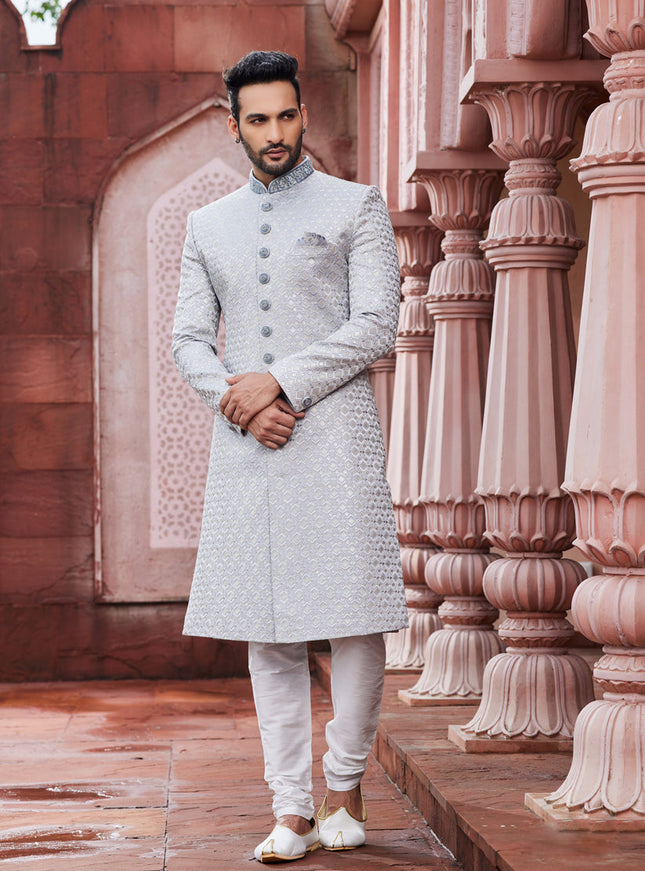 Grey Art Silk Designer Sherwani