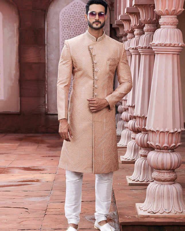 Peach Art Silk Designer Sherwani