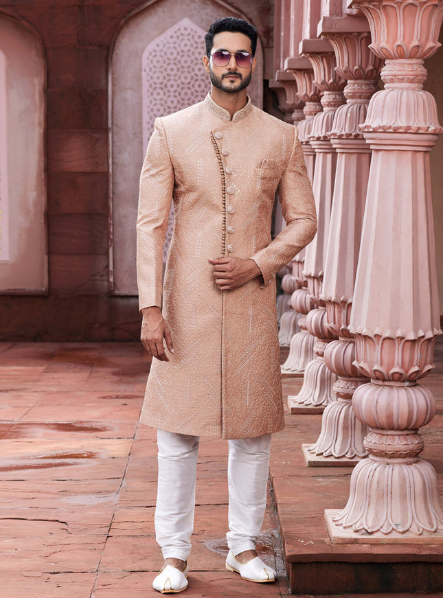 Peach Art Silk Designer Sherwani