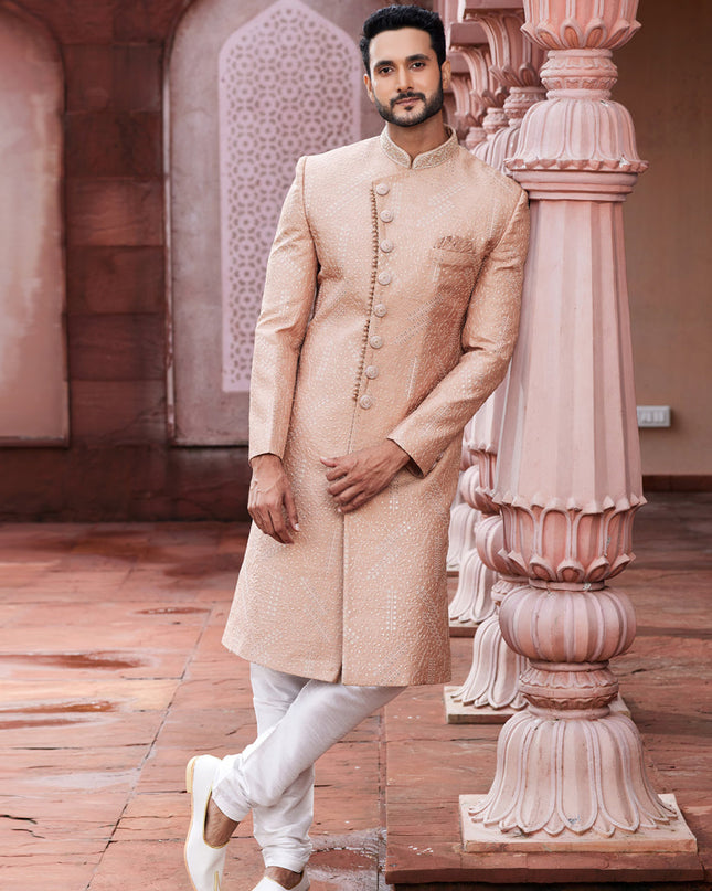 Peach Art Silk Designer Sherwani