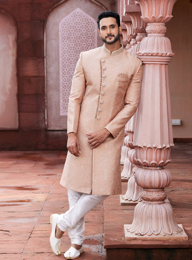 Peach Art Silk Designer Sherwani