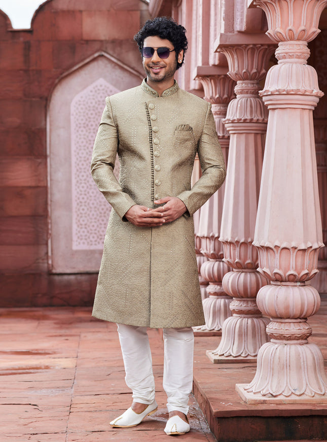 Beige Art Silk Designer Sherwani
