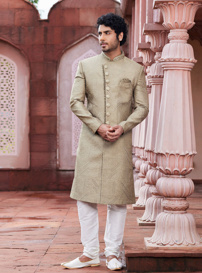 Beige Art Silk Designer Sherwani