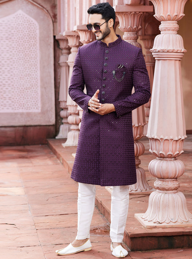 Purple Art Silk Designer Sherwani
