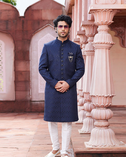Navy Blue Art Silk Designer Sherwani
