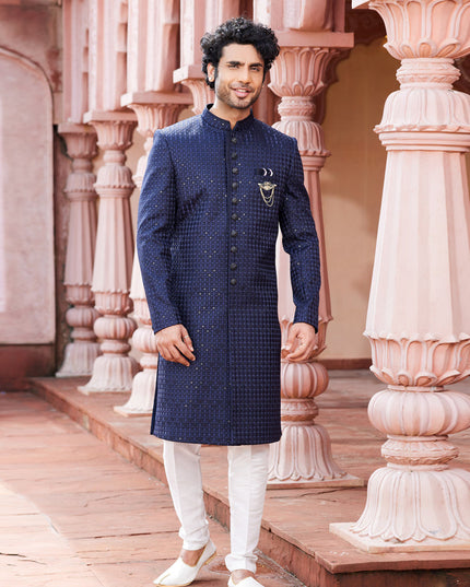 Navy Blue Art Silk Designer Sherwani