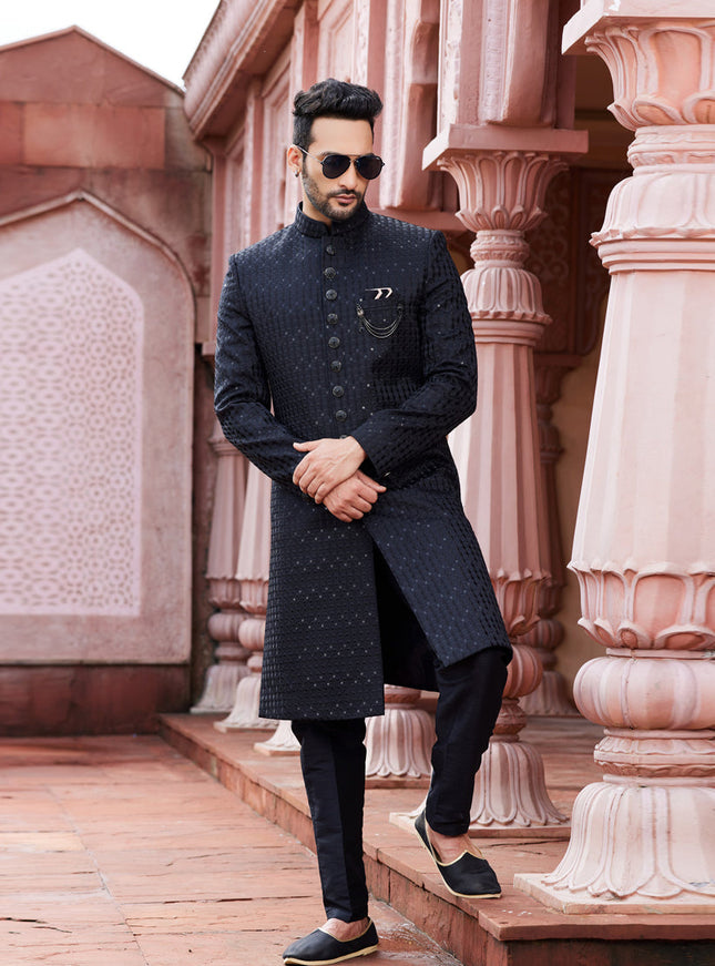 Black Art Silk Designer Sherwani