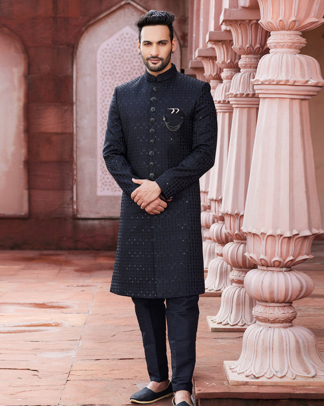Black Art Silk Designer Sherwani