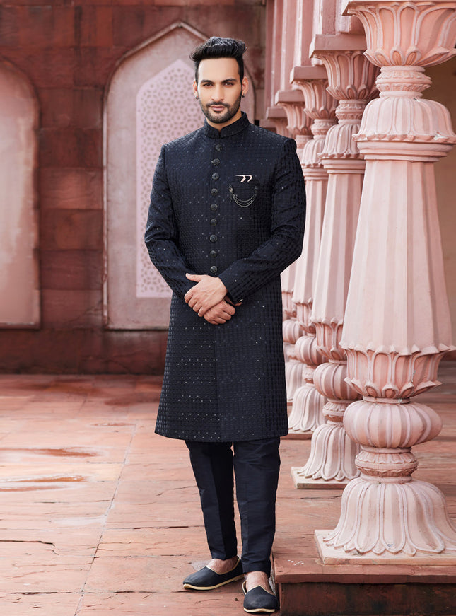 Black Art Silk Designer Sherwani