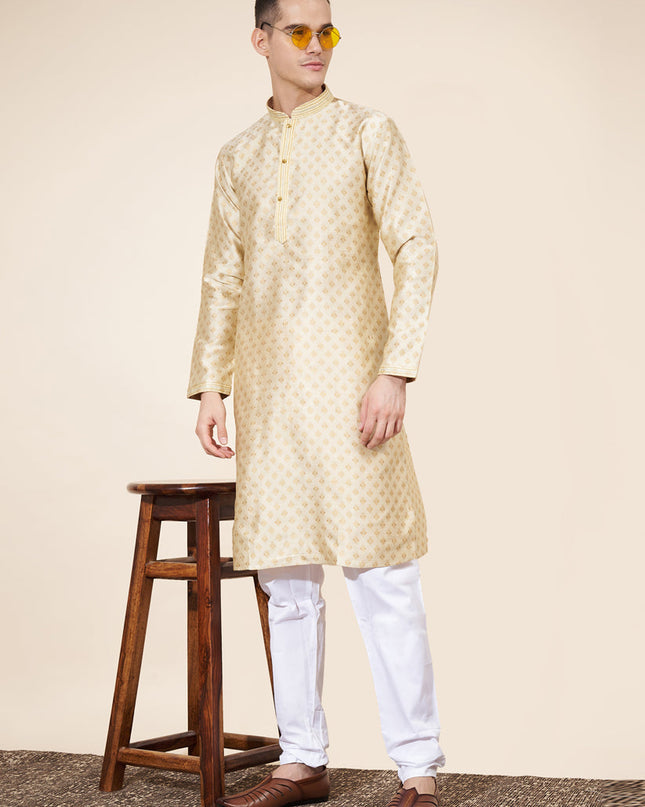 Cream Jacquard Mens Kurta Pajama Set