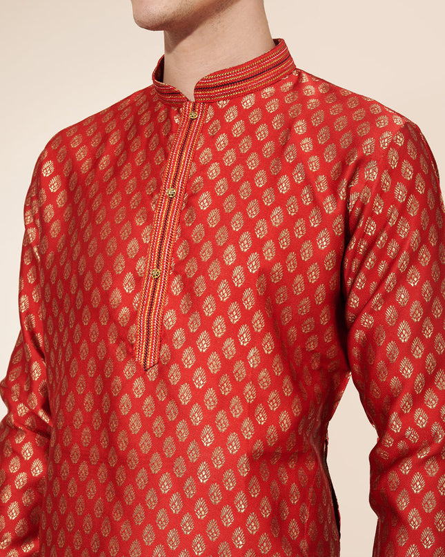 Hot Red Jacquard Mens Kurta Pajama Set