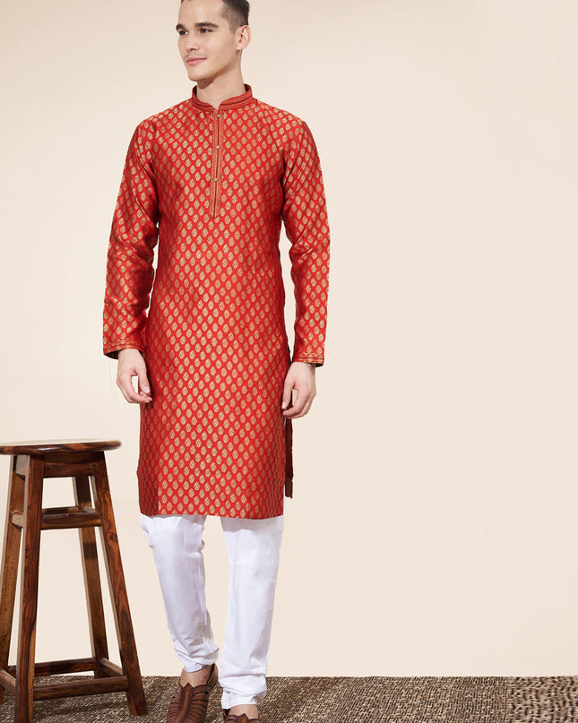 Hot Red Jacquard Mens Kurta Pajama Set