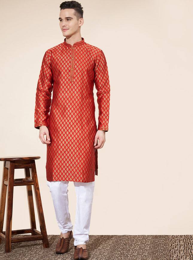 Hot Red Jacquard Mens Kurta Pajama Set