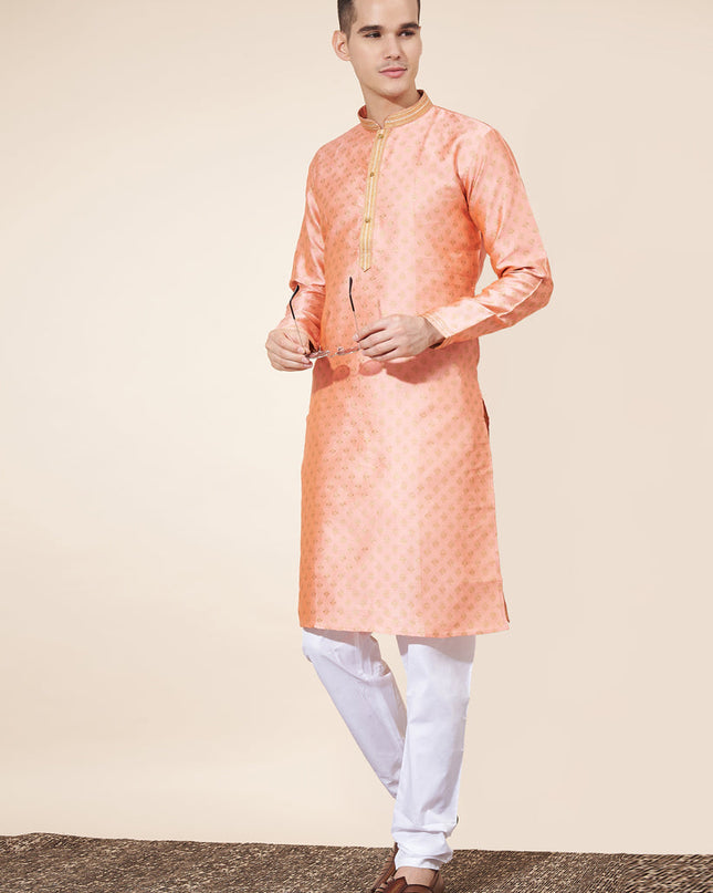 Blush Peach Jacquard Mens Kurta Pajama Set