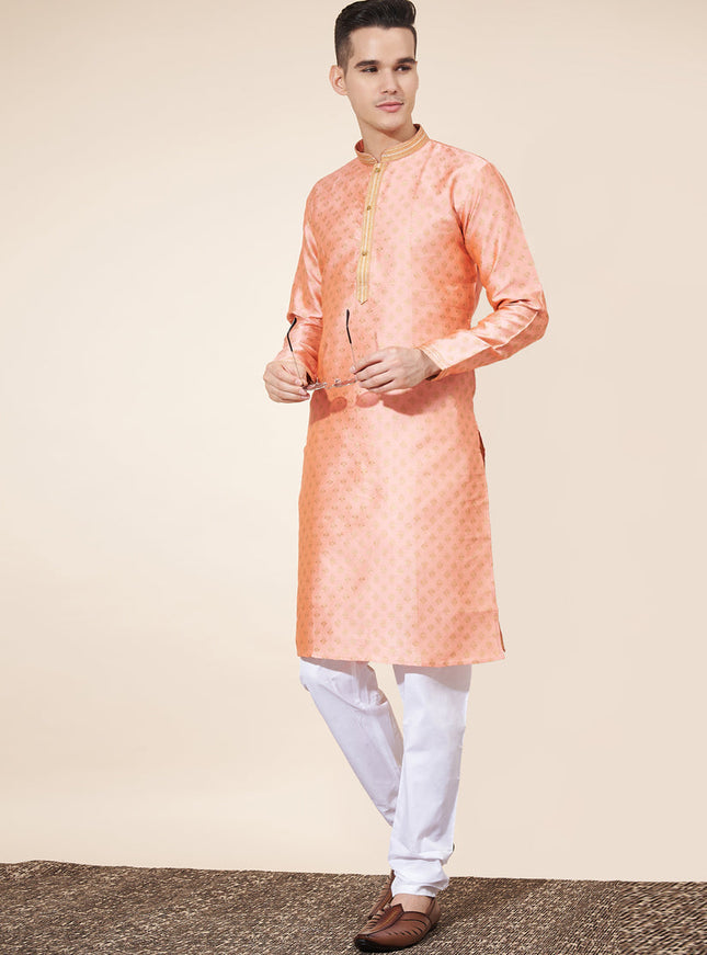 Blush Peach Jacquard Mens Kurta Pajama Set