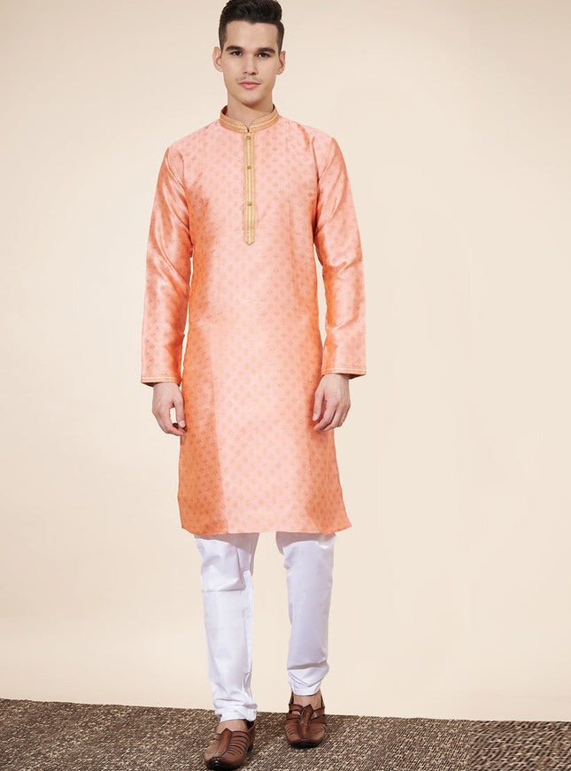 Blush Peach Jacquard Mens Kurta Pajama Set