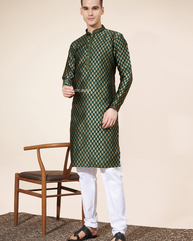 Bottle Green Jacquard Mens Kurta Pajama Set