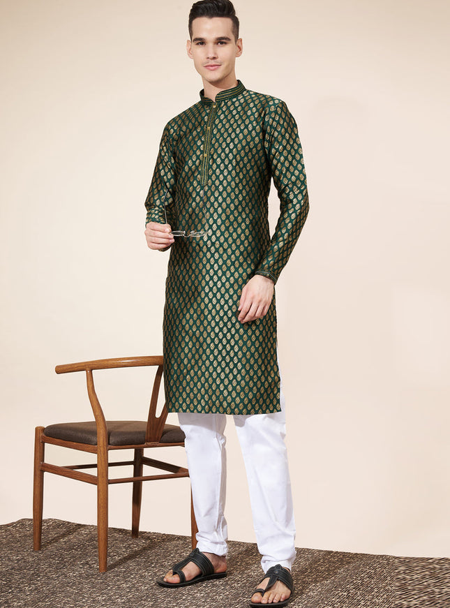 Bottle Green Jacquard Mens Kurta Pajama Set