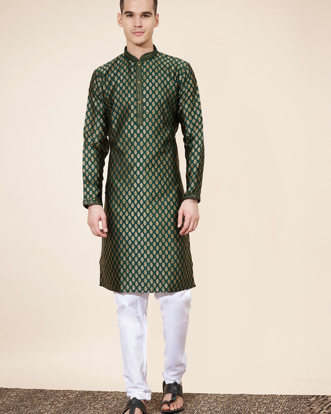 Bottle Green Jacquard Mens Kurta Pajama Set