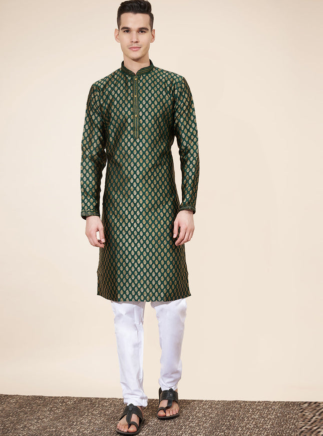 Bottle Green Jacquard Mens Kurta Pajama Set